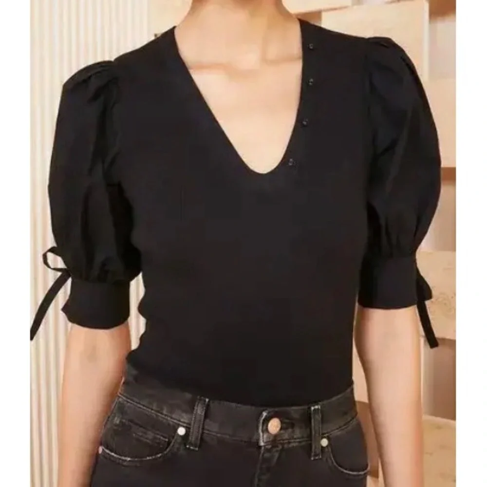 Ulla Johnson Pia Black Puff Sleeve Ribbed Knit Women's Small Blouse